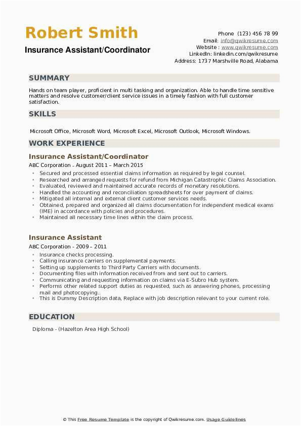 Sample Resume for Medical Insurance assistant Insurance assistant Resume Samples