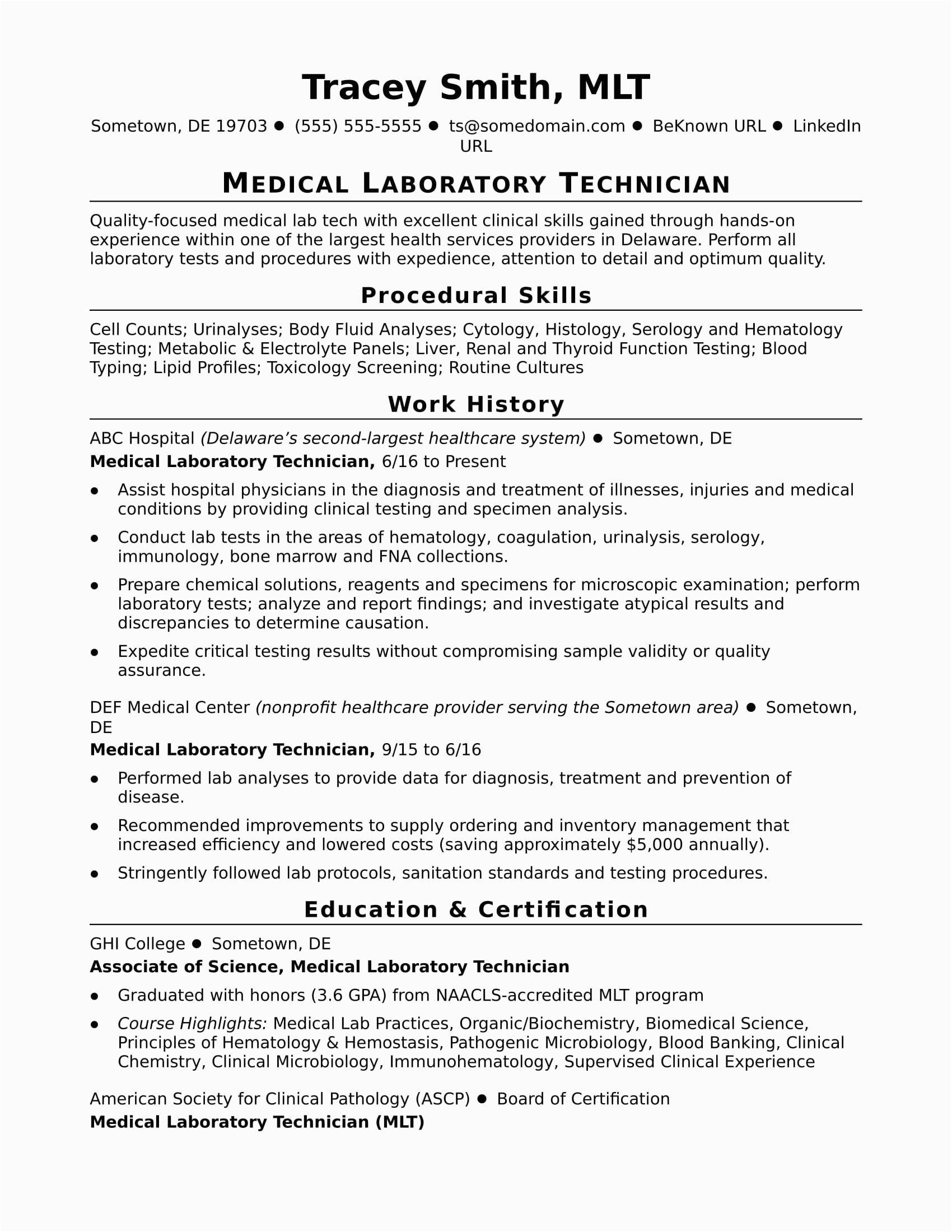 Sample Resume for Medical Lab Technician Entry Level Entry Level Lab Technician Resume Sample