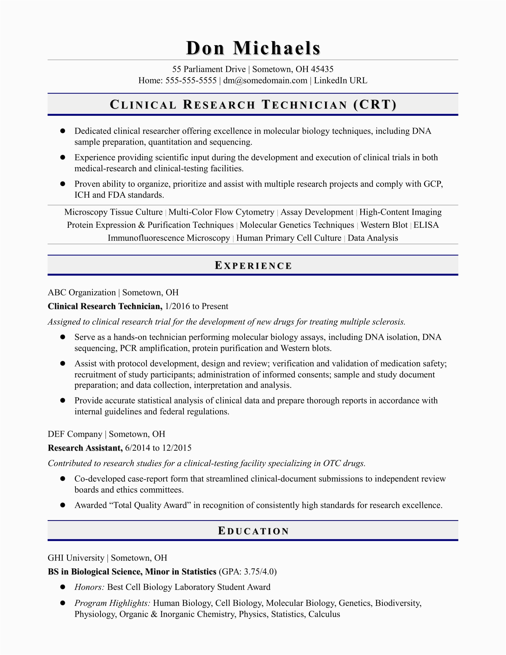 Sample Resume for Medical Lab Technician Entry Level Entry Level Research Technician Resume Sample