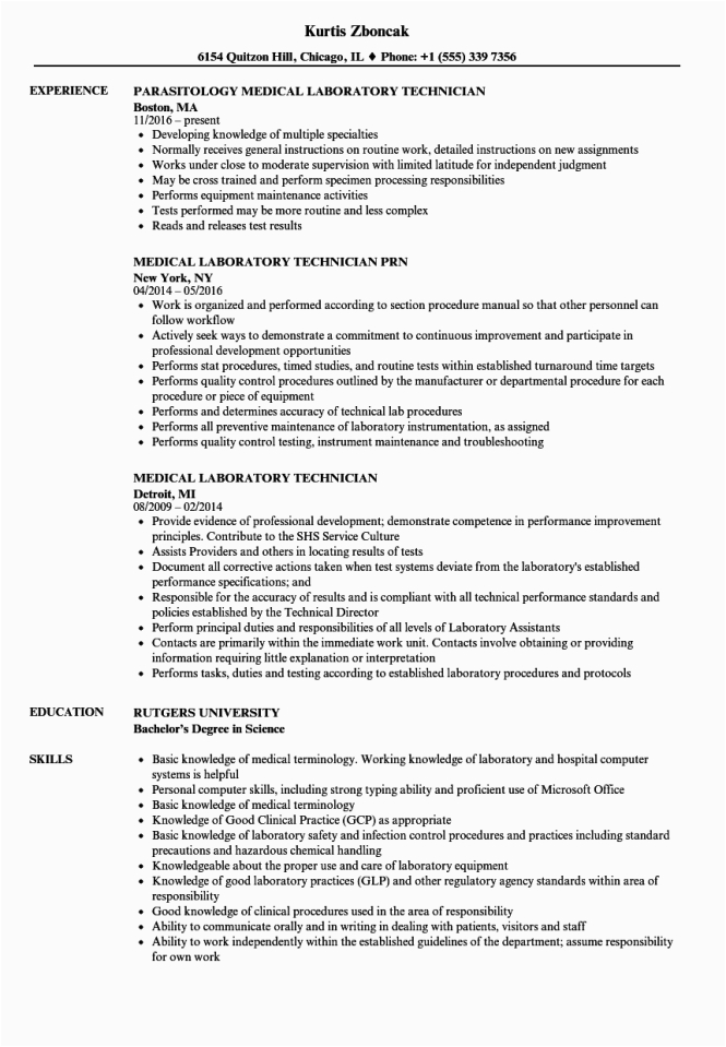 Sample Resume for Medical Lab Technician Entry Level Resume for Lab Technician Resume Sample