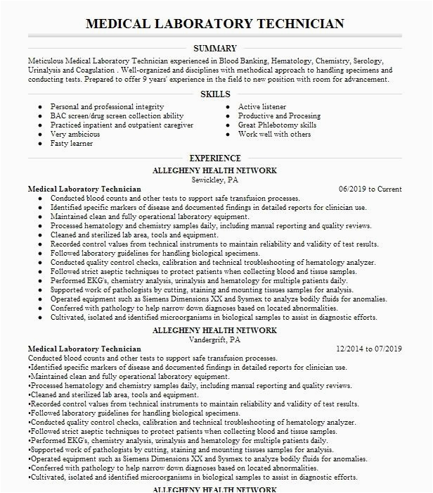 Sample Resume for Medical Laboratory Technician Student Medical Laboratory Technician Student Resume Example Ft Belvoir