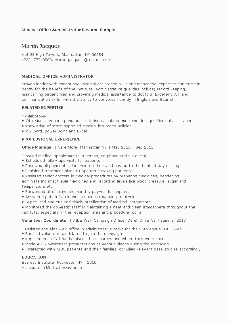 Sample Resume for Medical Office Administration Manager Medical Fice Administrator Resume Sample