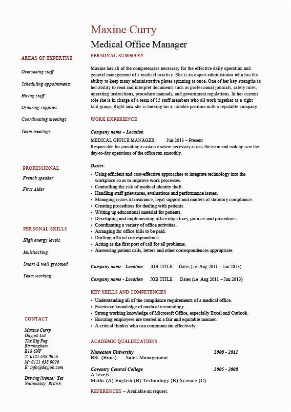 Sample Resume for Medical Office Administration Manager Medical Office Manager Resume Template Example Cv Sample Job