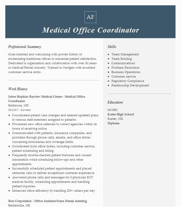 Sample Resume for Medical Office Coordinator Medical Fice Coordinator Resume Example Johns Hopkins University