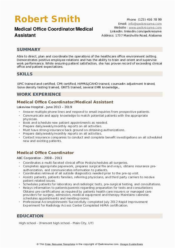 Sample Resume for Medical Office Coordinator Medical Fice Coordinator Resume Samples