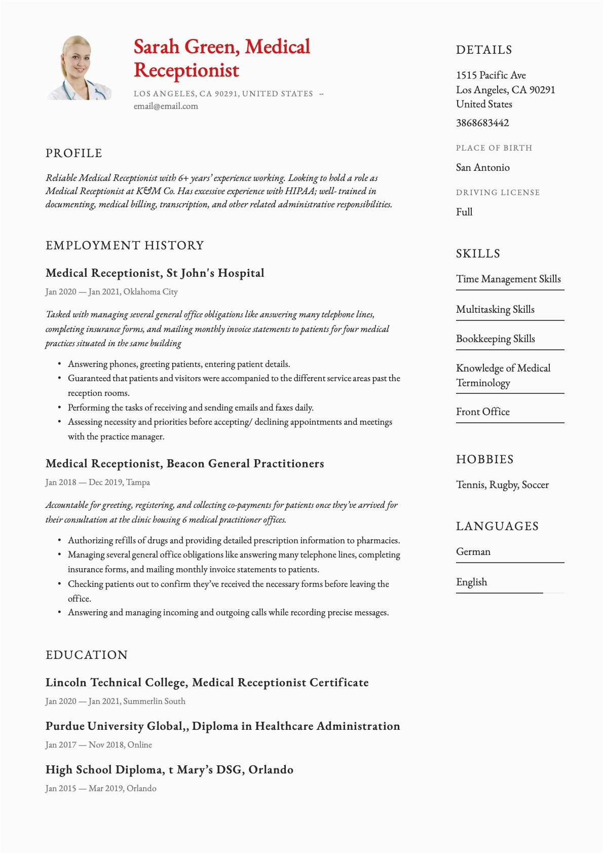 Sample Resume for Medical Receptionist Position Medical Receptionist Resume & Guide