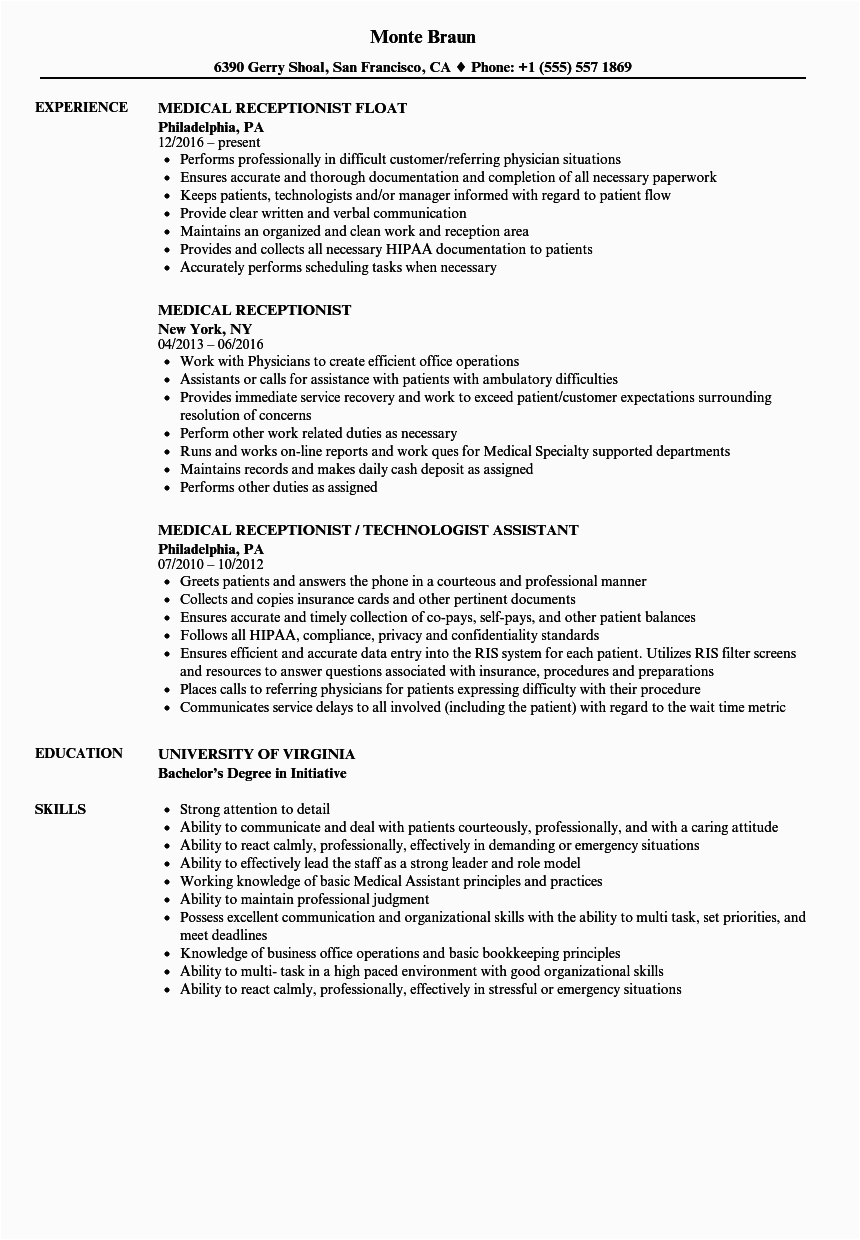 Sample Resume for Medical Receptionist Position Medical Receptionist Resume