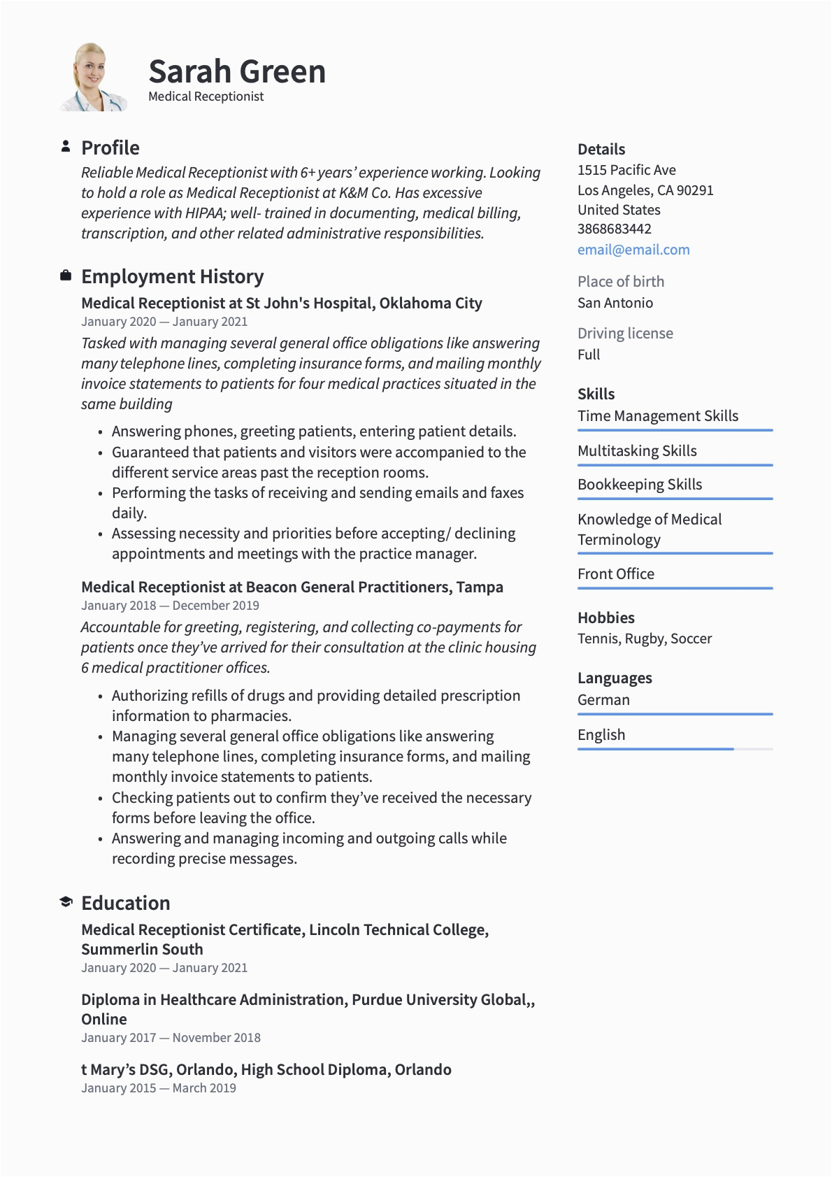 Sample Resume for Medical Receptionist with Experience Medical Receptionist Resume & Guide