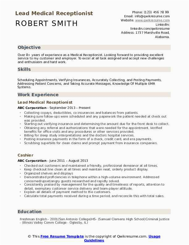 Sample Resume for Medical Receptionist with Experience Medical Receptionist Resume Samples