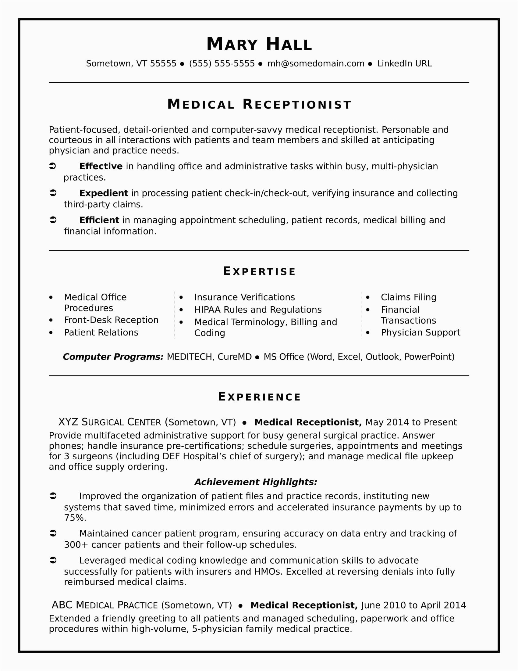 Sample Resume for Medical Receptionist with Experience Medical Secretary Resume Samples Resume