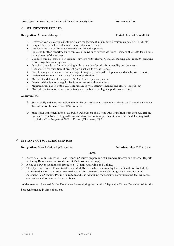 Sample Resume for Non Voice Process associate Rajesh Resume Bpo Jan 2011
