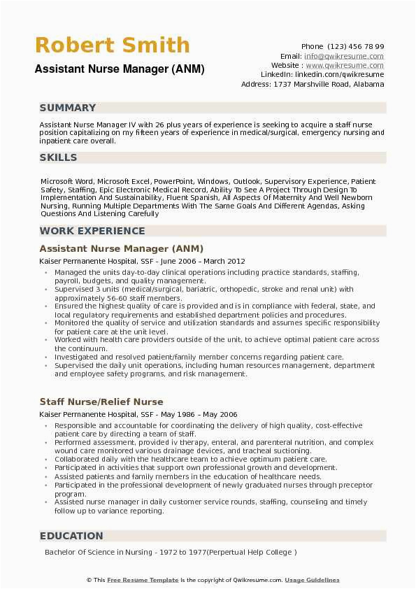 Sample Resume for Nurse Manager Position assistant Nurse Manager Resume Samples