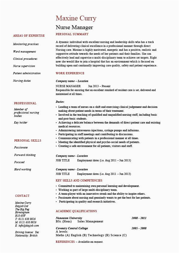 Sample Resume for Nurse Manager Position Nurse Manager Resume Cv Job Description Example Sample