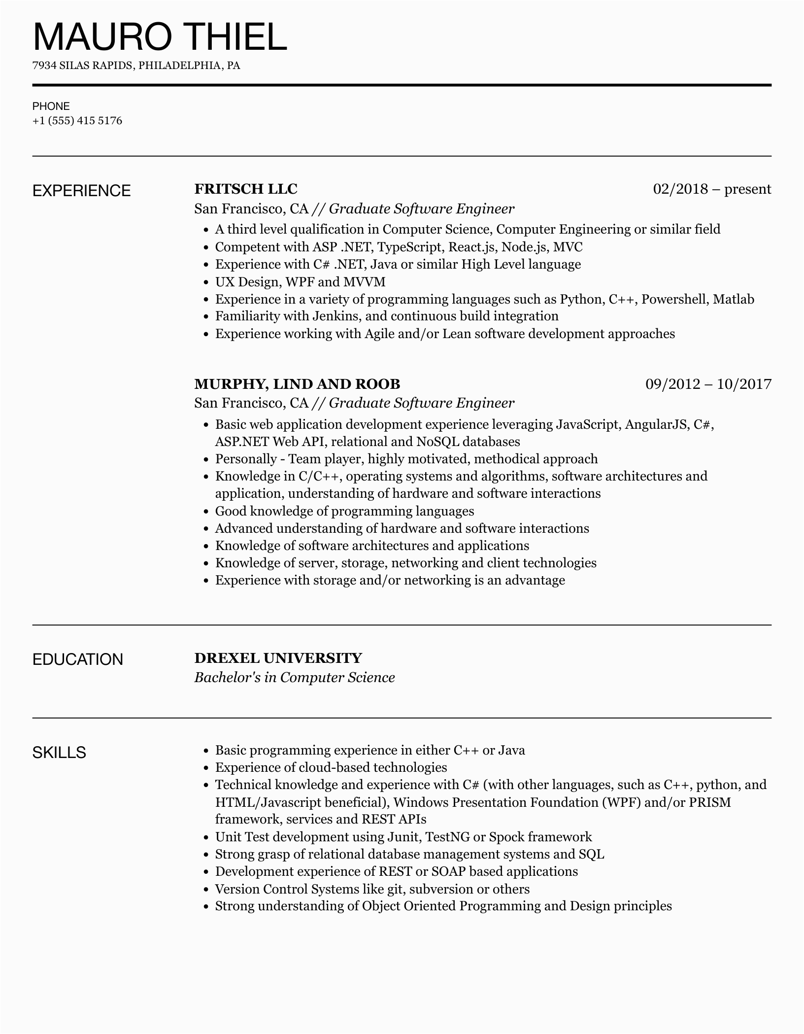 Sample Resume for Phd software Engineer Graduate software Engineer Resume Samples