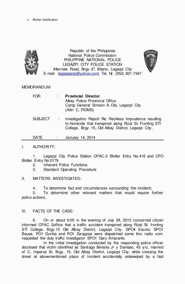 Sample Resume for Philippine National Police Pnp Blotter Report Sample