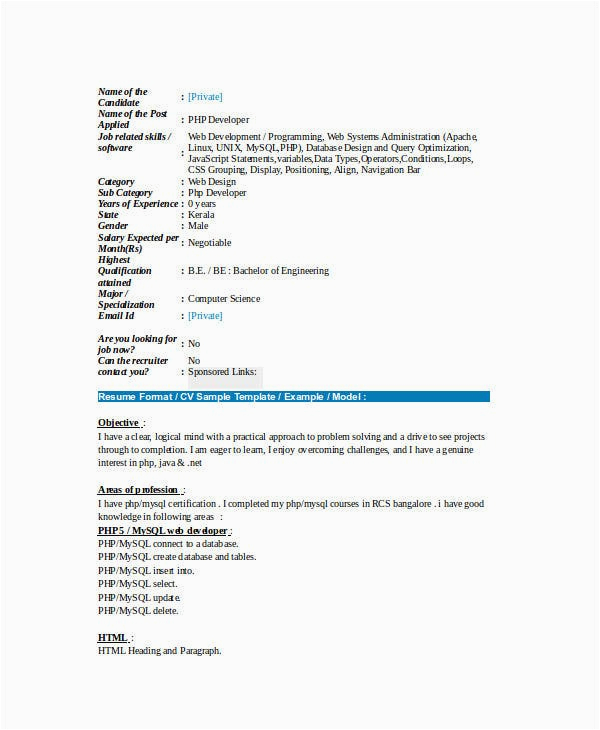 Sample Resume for PHP Developer Fresher 21 Fresher Resume Templates Pdf Doc