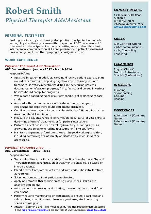 Sample Resume for Physical therapist Aide Physical therapist Aide Resume Samples