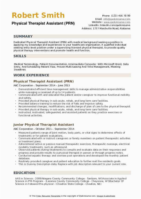 Sample Resume for Physical therapist Aide Physical therapist assistant Resume Samples