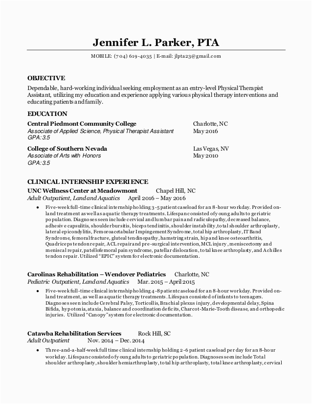 Sample Resume for Physical therapy School Physical therapist assistant Resume