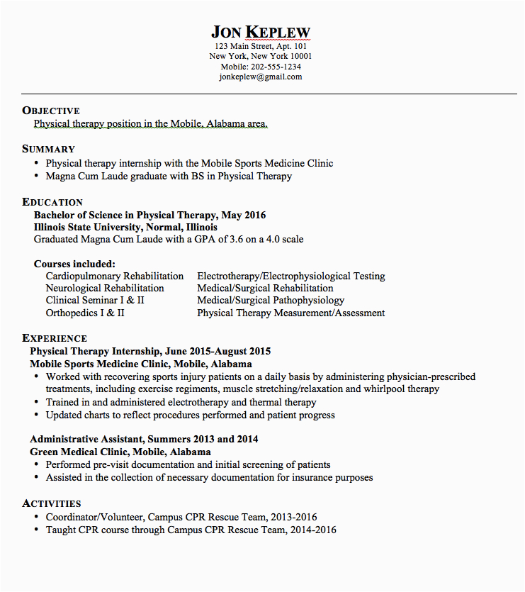Sample Resume for Physical therapy School Physical therapy Resumes