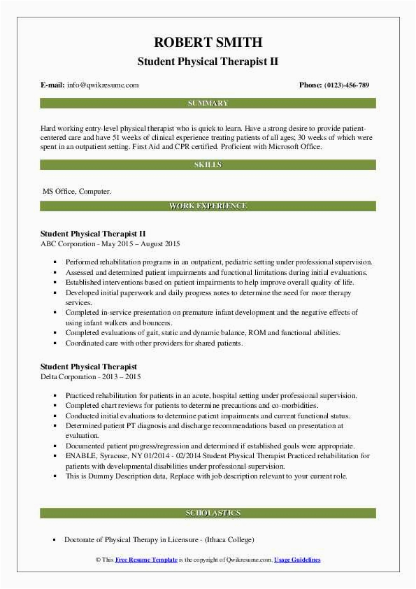 Sample Resume for Physical therapy School Student Physical therapist Resume Samples
