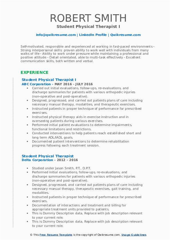 Sample Resume for Physical therapy Student Student Physical therapist Resume Samples