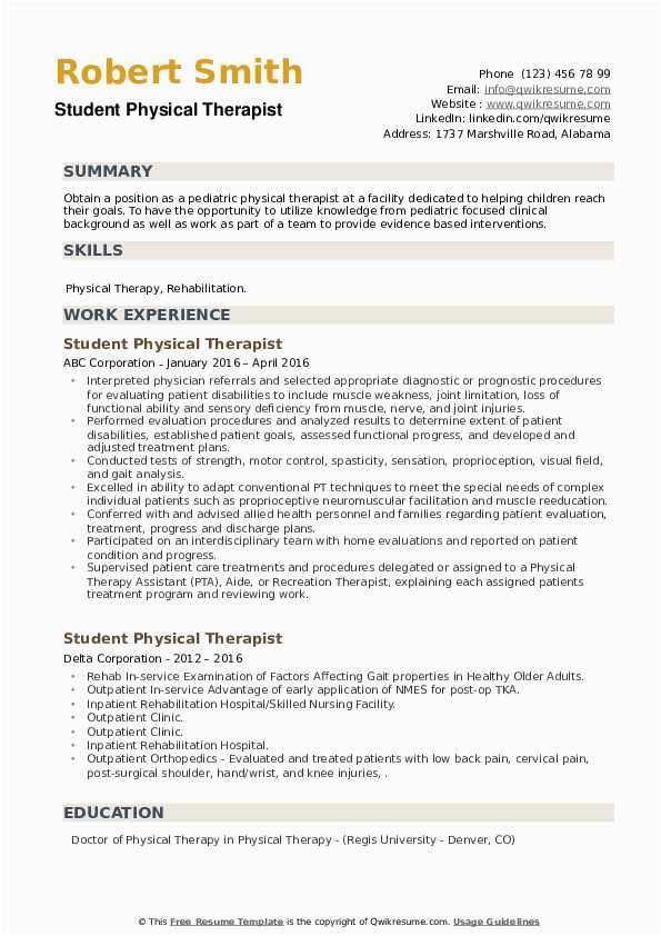 Sample Resume for Physical therapy Student Student Physical therapist Resume Samples