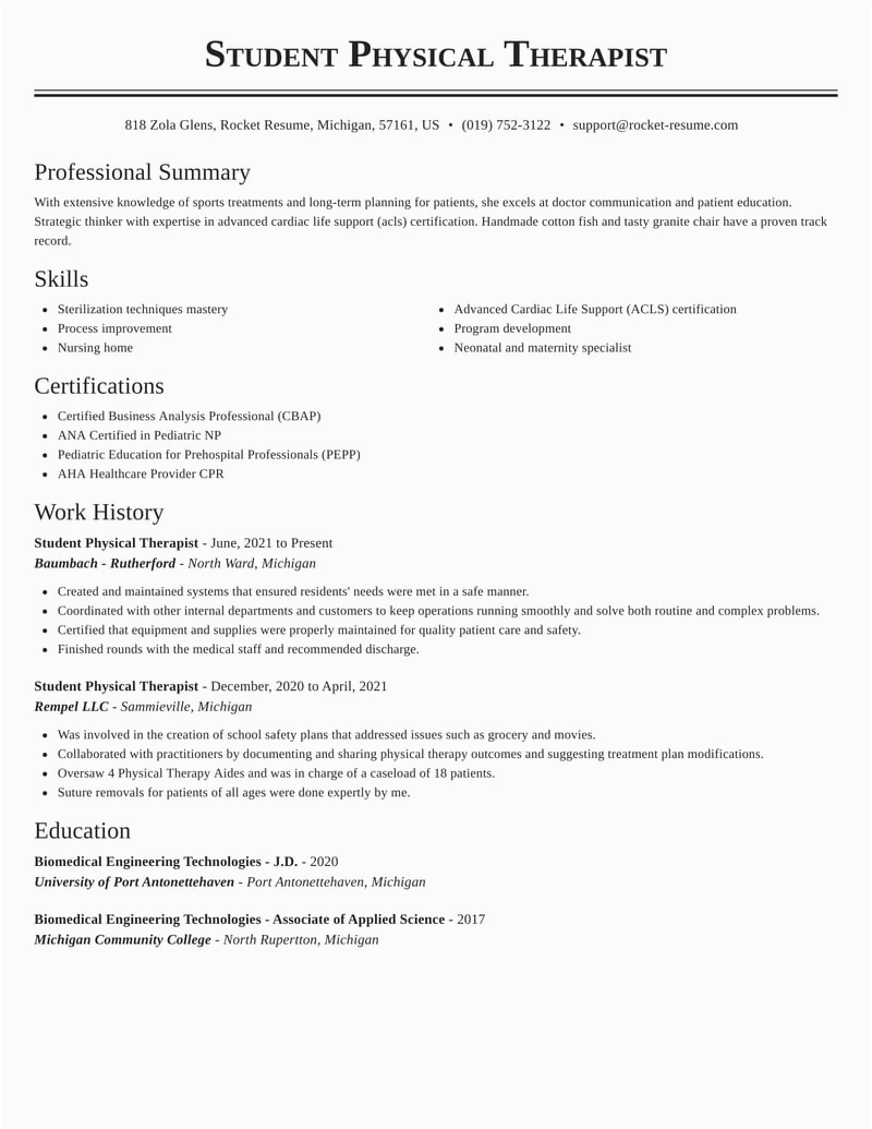 Sample Resume for Physical therapy Student Student Physical therapist Resumes