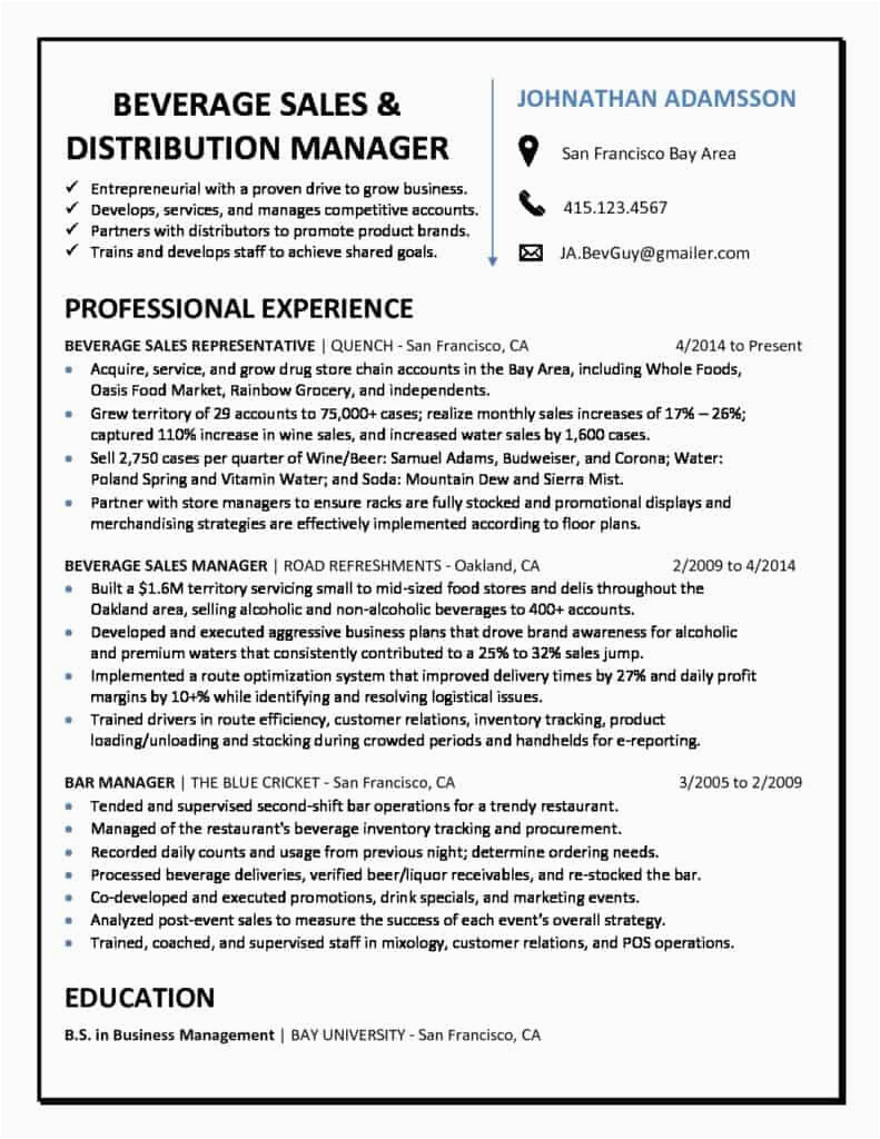 Sample Resume for Sales and Distribution Beverage Sales and Distribution