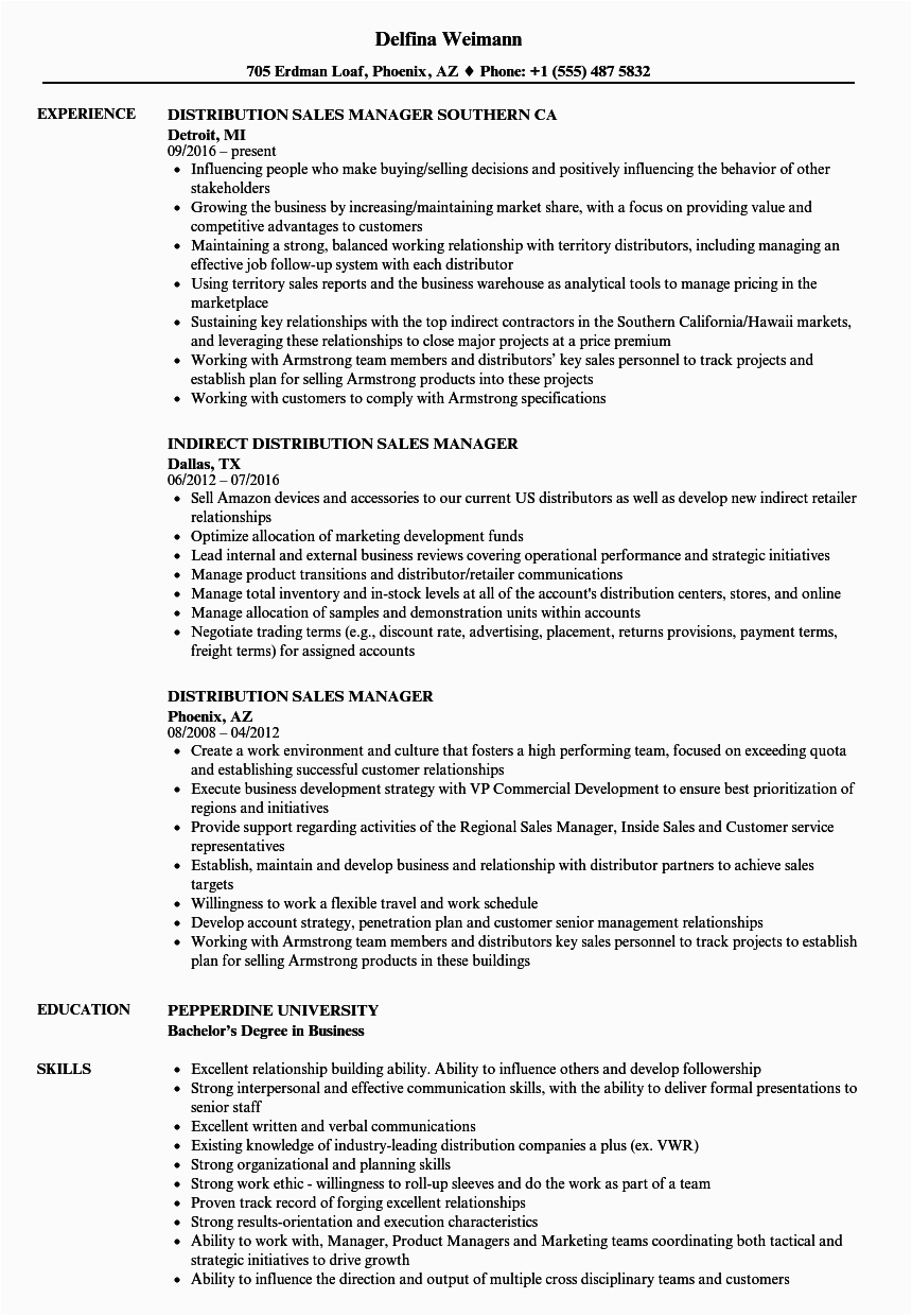 Sample Resume for Sales and Distribution Distribution Sales Manager Resume Samples