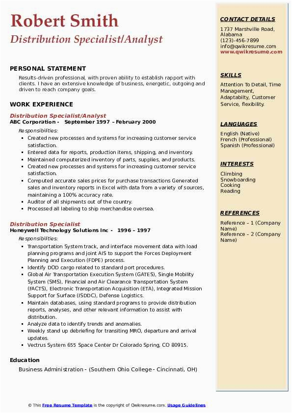 Sample Resume for Sales and Distribution Professional Summary Distribution Specialist Resume Samples