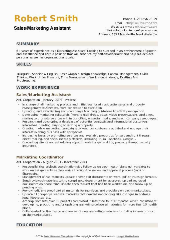 Sample Resume for Sales and Marketing assistant Marketing assistant Resume Samples