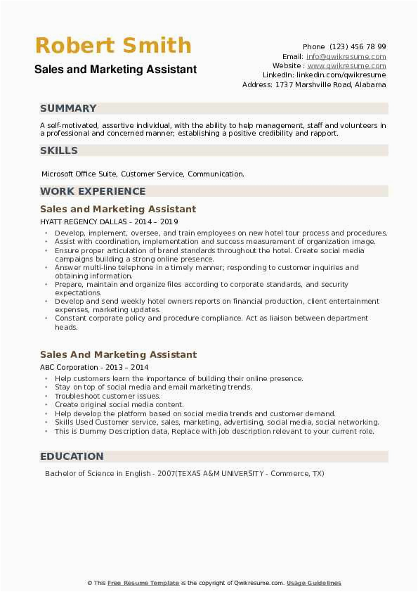 Sample Resume for Sales and Marketing assistant Sales and Marketing assistant Resume Samples