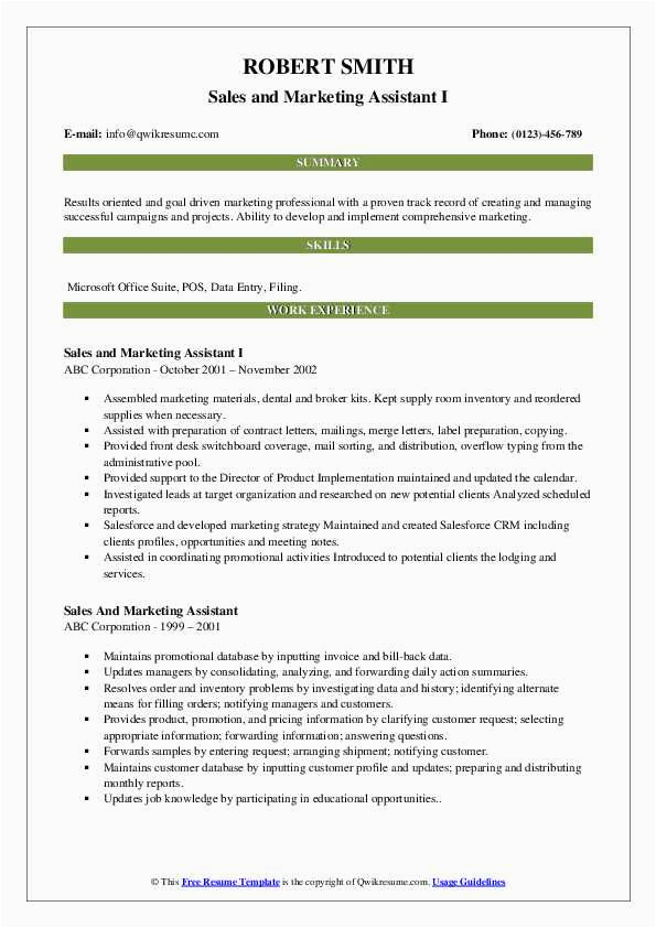 Sample Resume for Sales and Marketing assistant Sales and Marketing assistant Resume Samples