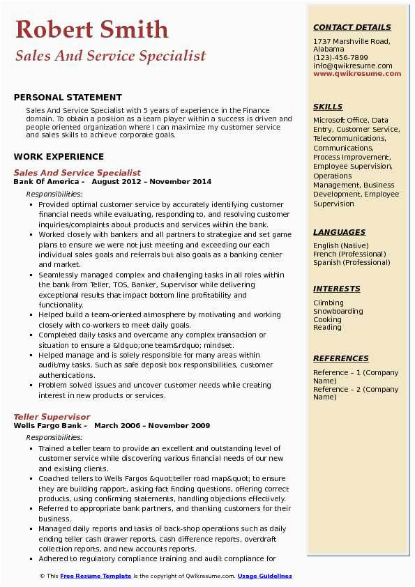 Sample Resume for Sales and Service Specialist Sales and Service Specialist Resume Samples