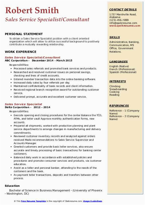 Sample Resume for Sales and Service Specialist Sales Service Specialist Resume Samples
