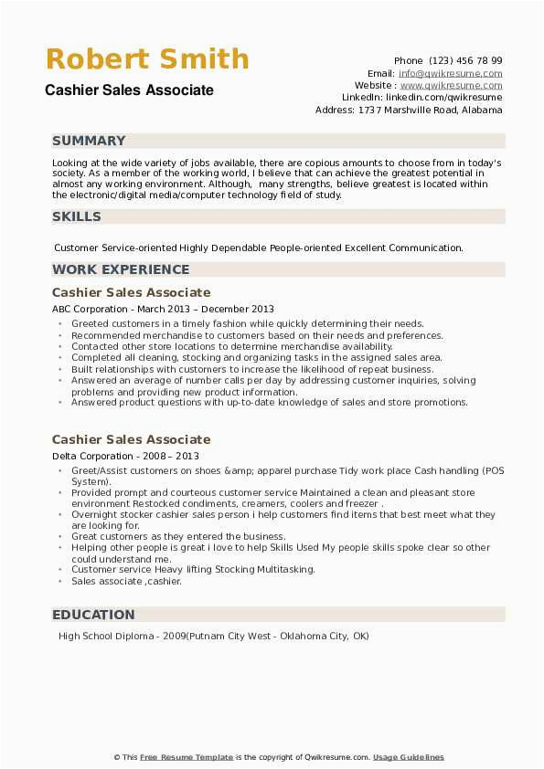 Sample Resume for Sales associate Cashier Cashier Sales associate Resume Samples