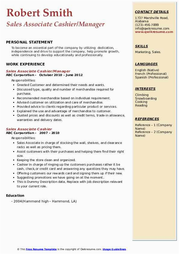 Sample Resume for Sales associate Cashier Sales associate Cashier Resume Samples