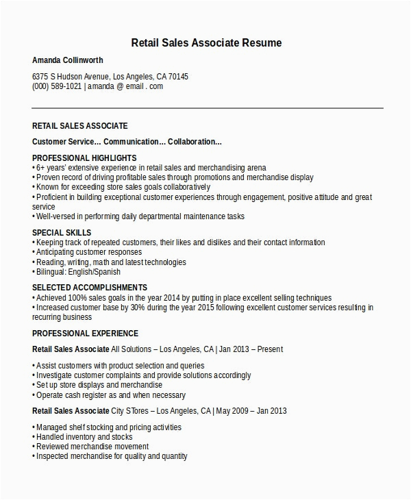 Sample Resume for Sales associate Job Sales associate Resume Template 8 Free Word Pdf Document Download