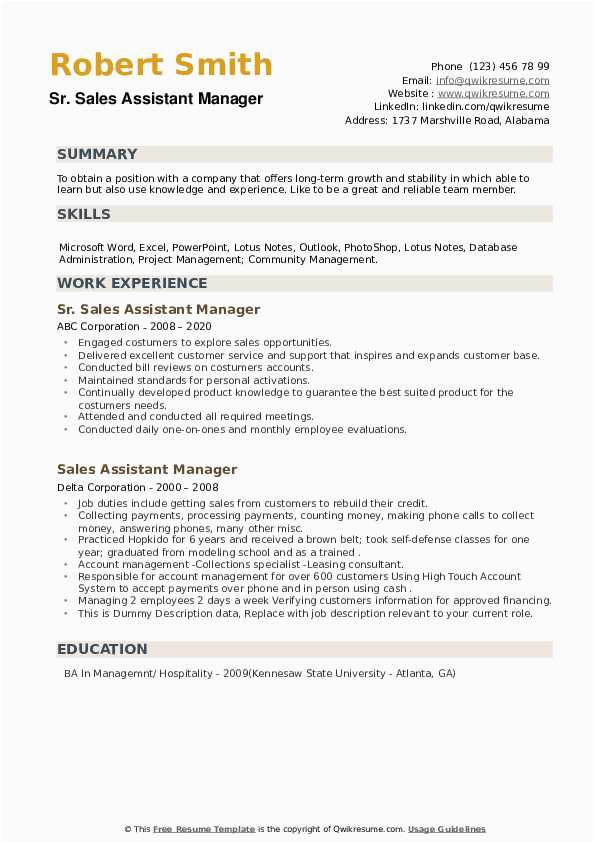 Sample Resume for Sales associate Manager Sales assistant Manager Resume Samples