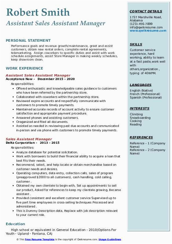 Sample Resume for Sales associate Manager Sales assistant Manager Resume Samples