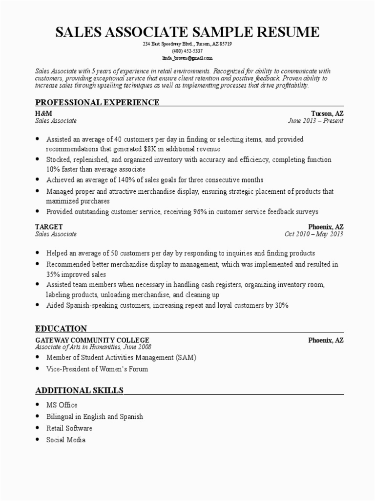 Sample Resume for Sales associate with Experience Sales associate Resume Sample