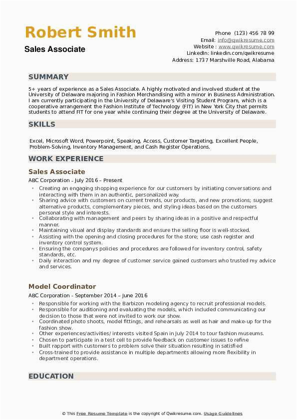 Sample Resume for Sales associate with Experience Sales associate Resume Samples