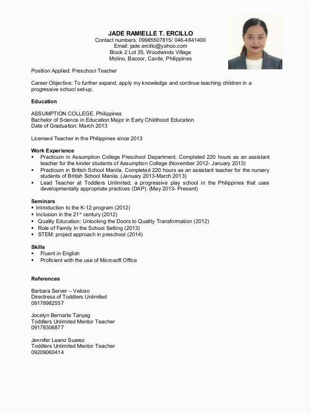 Sample Resume for Teachers without Experience In the Philippines Resume Teacher Jade