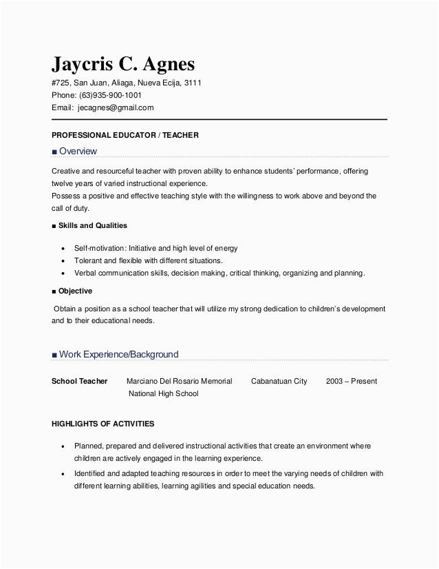 Sample Resume for Teachers without Experience In the Philippines Teacher Applicant Sample Resume for Fresh Graduate Teachers In the