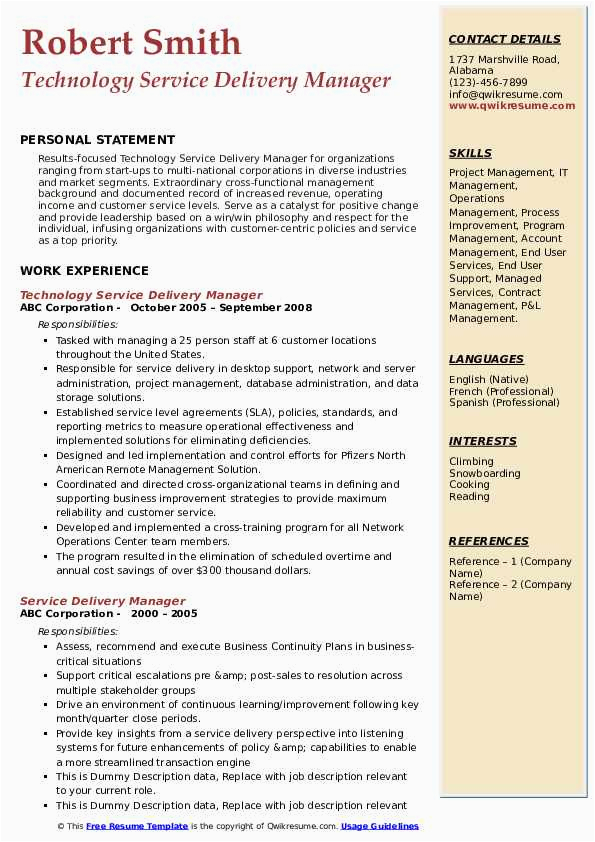 Sample Resume for Technical Delivery Manager Service Delivery Manager Resume Samples