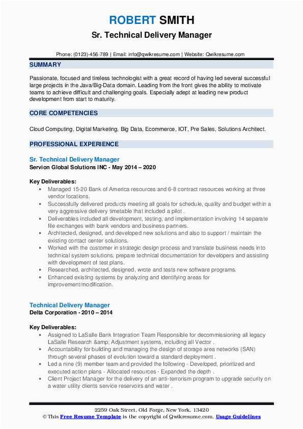 Sample Resume for Technical Delivery Manager Technical Delivery Manager Resume Samples