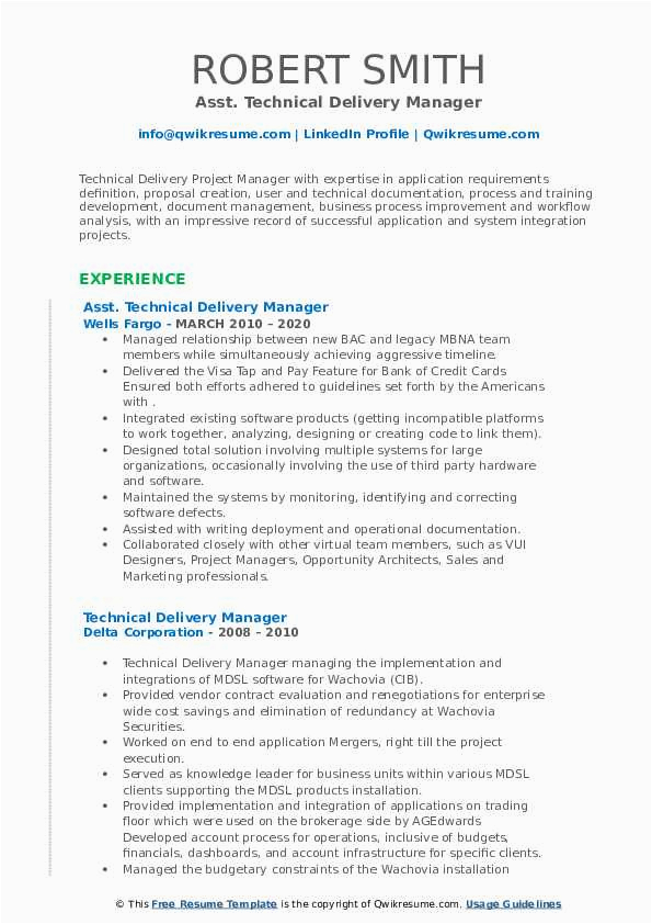 Sample Resume for Technical Delivery Manager Technical Delivery Manager Resume Samples
