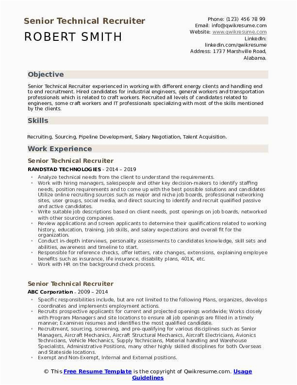 Sample Resume for Technical Recruiter Position Senior Technical Recruiter Resume Samples