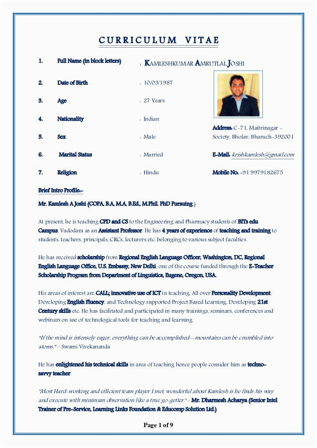 Sample Resume for Telugu Teachers In India Curriculum Vitae Example Of Kamlesh Joshi
